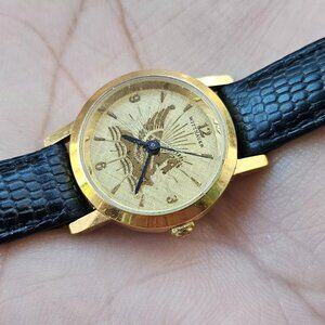 Vintage Wittnauer Ladies Wristwatch Black Leather Band Gold Tone Vase Watch Bra